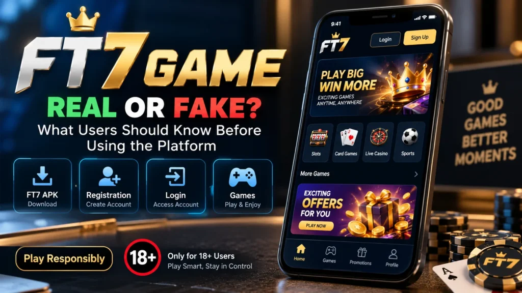 FT7 Game real or fake guide with FT7 APK, login, registration, gaming features, and 18+ responsible gaming notice.